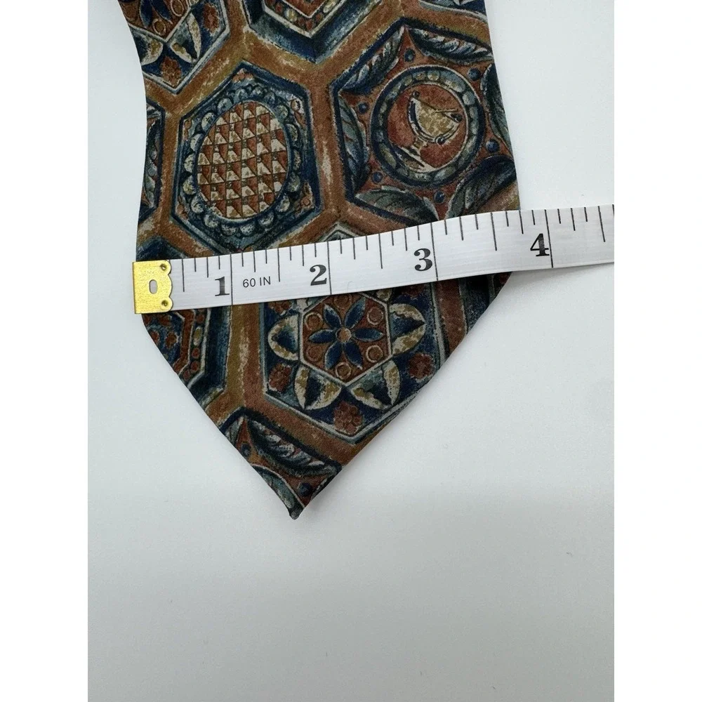 Vintage Valentino Silk Tie Geometric Medallion Brown Blue Necktie‎ Made in Italy